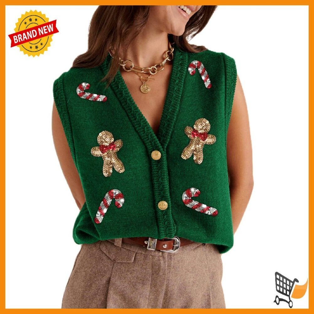 Santa Print Knit Vest Sleeveless V-Neck Slim Fit Christmas Sweater